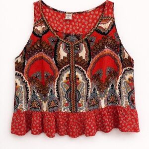 BILA BOHO Style  2X Plus Size Tank Blouse Paisley Print Embroidered V Neckline